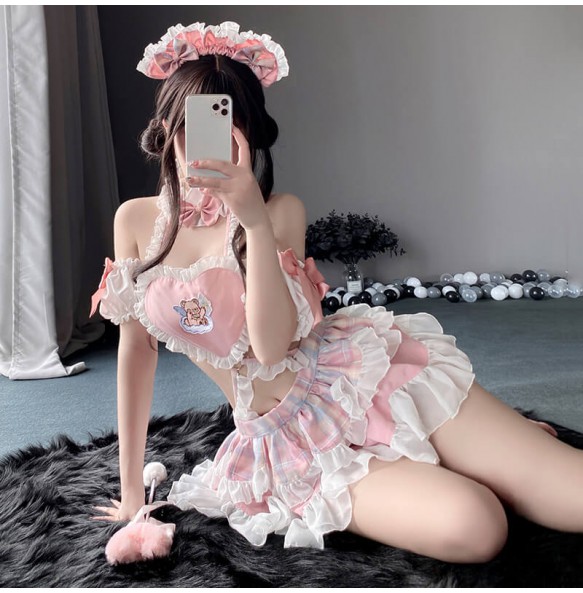 FEE ET MOI - Cute Maid Heart-Shaped Backless Dress With Stockings (Pink - White)